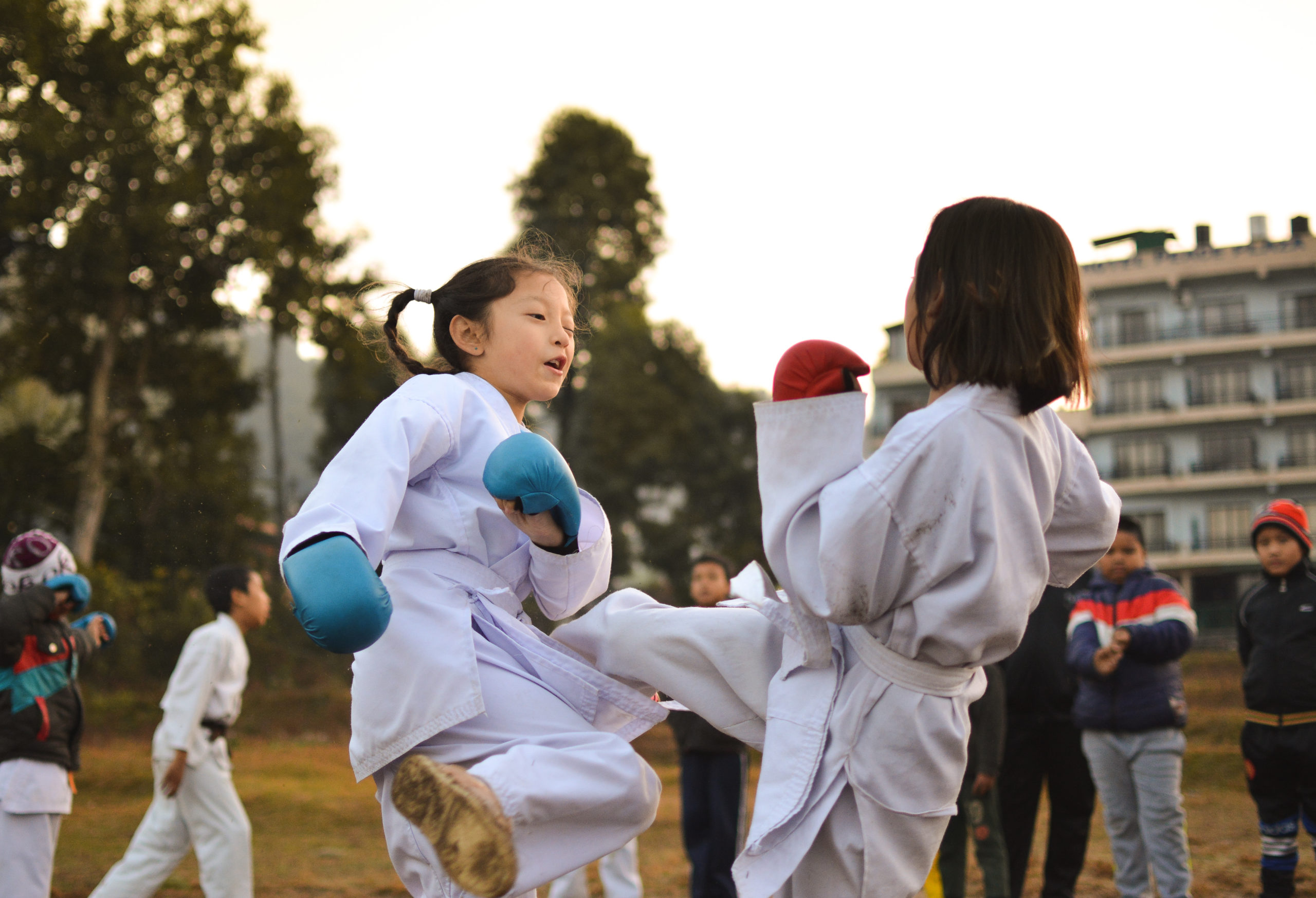 Children practicing martial arts in a field.